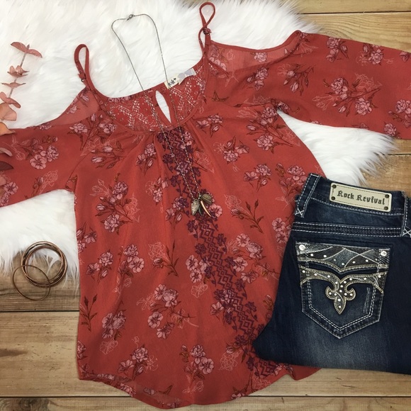 Jolt Tops - JOLT Cold Shoulder Embroidered Floral Blouse